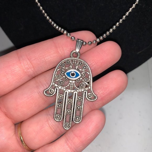 28" Ball Chain Necklace with Hamsa Pendant and Matching earrings, set - Picture 3 of 10